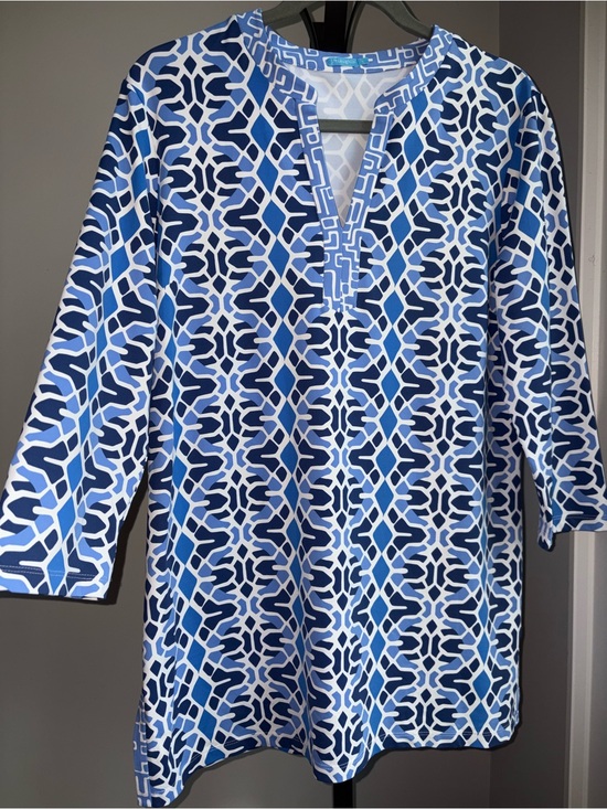 J. McLaughlin Tops - J. McLaughlin Catalina Cloth Tunic Top Size Large Blue White Geometric Coastal